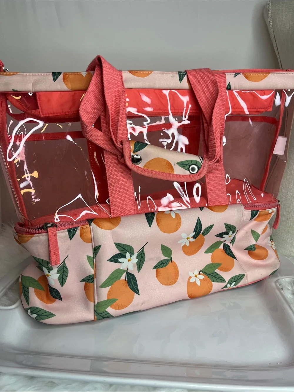 Clear Beach Tote/Thermal Bag  with Orange Blossom Print